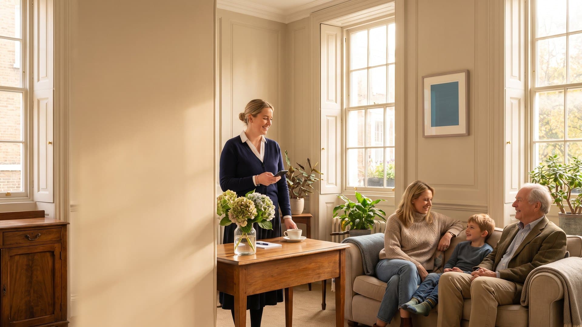 A friendly receptionist on the phone at a warm dental practice reception in a Georgian townhouse in London, a family and an older gentleman chatting in the waiting area