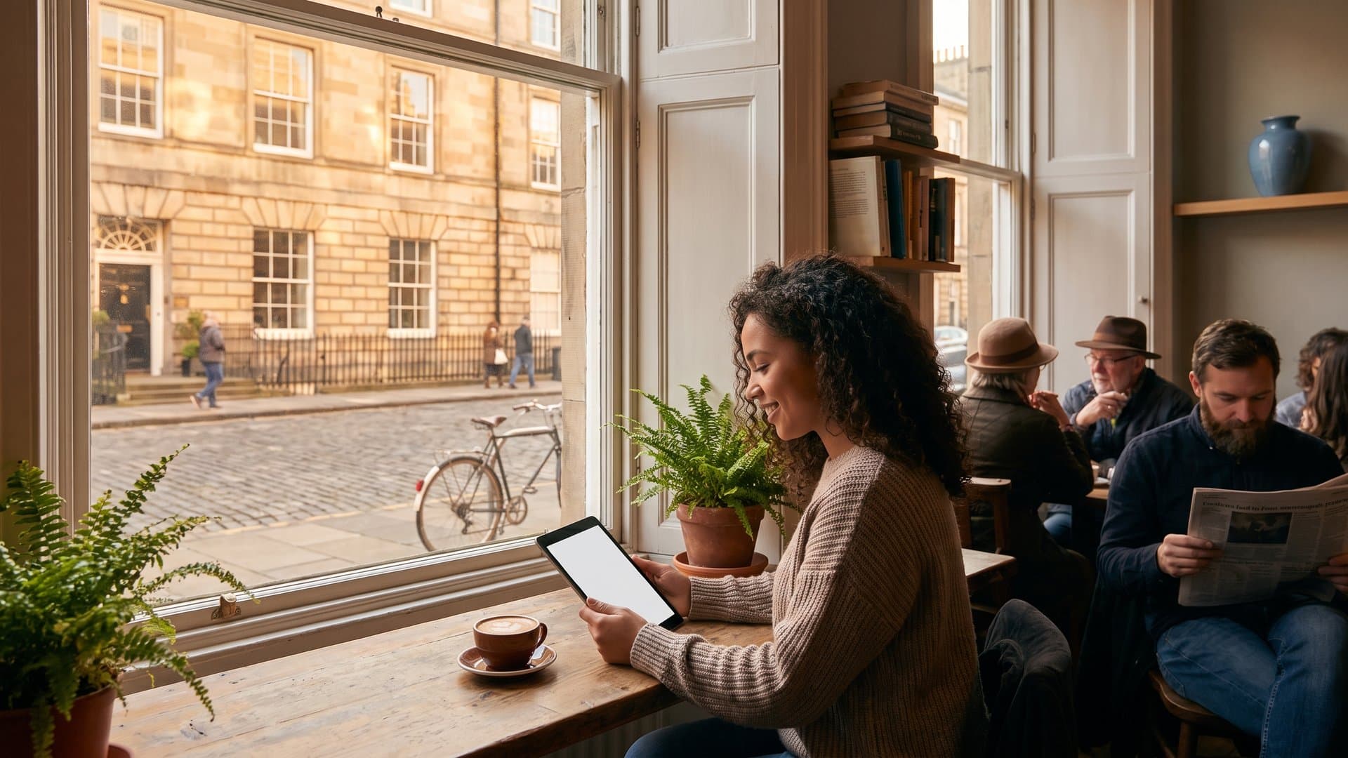 A woman reading an article on a tablet in a cosy café