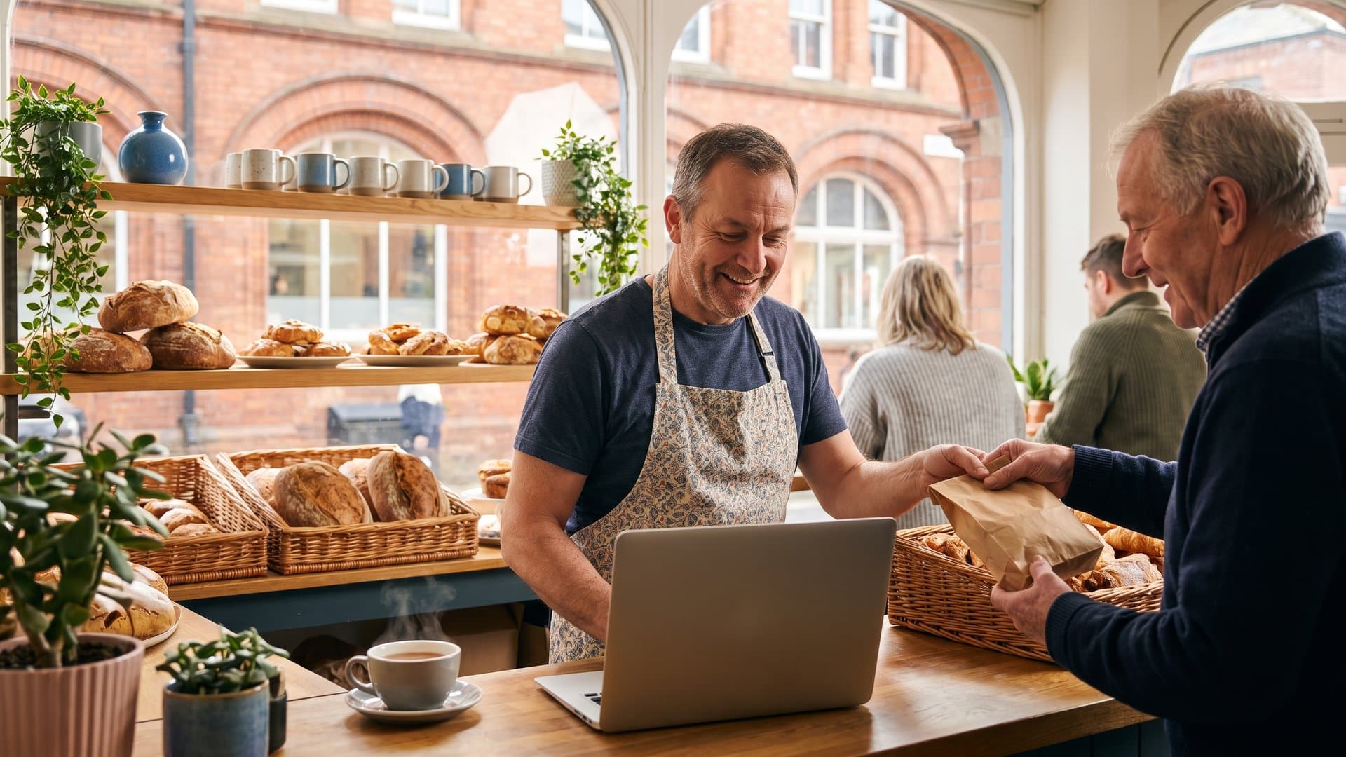 A bakery owner glancing at a laptop while serving a customer