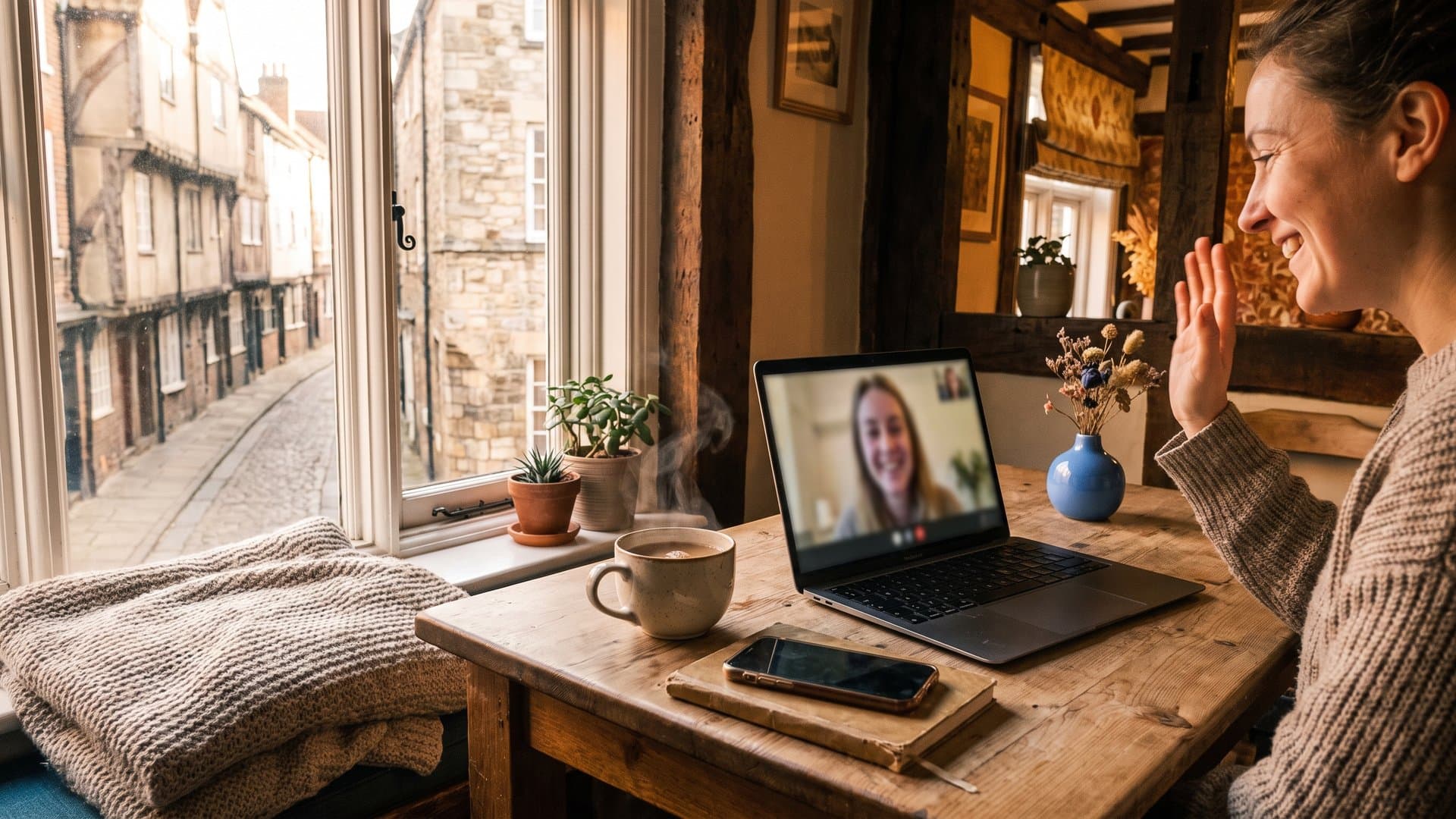 A cosy window table with a laptop, a phone and a cup of tea