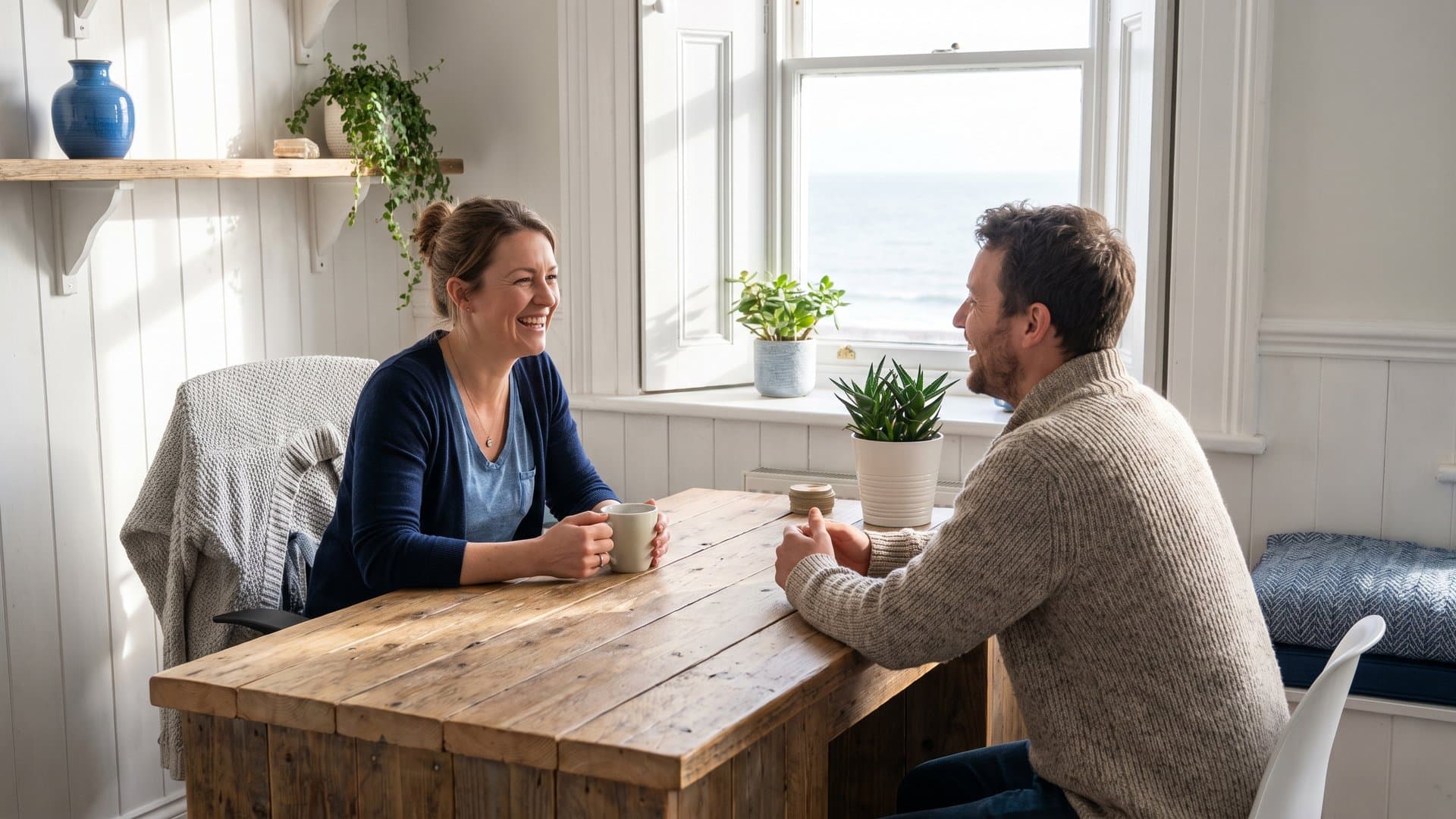 A receptionist answering a customer's question across a wooden desk