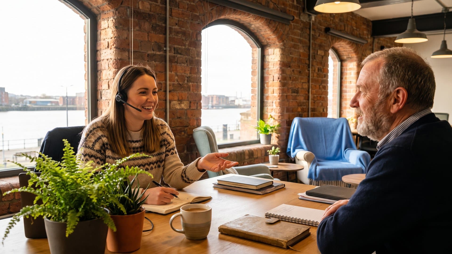 A friendly support person with a headset helping a customer