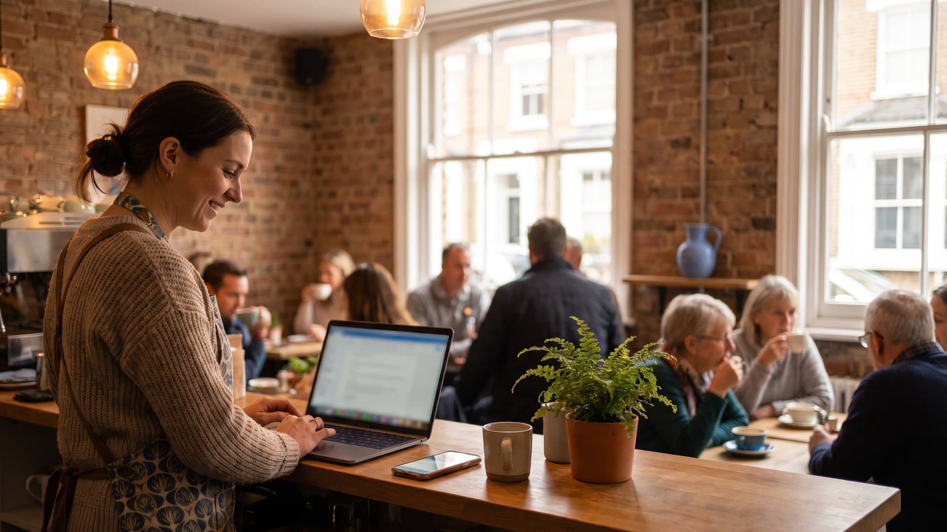A café owner setting up on a laptop while her phone lights up