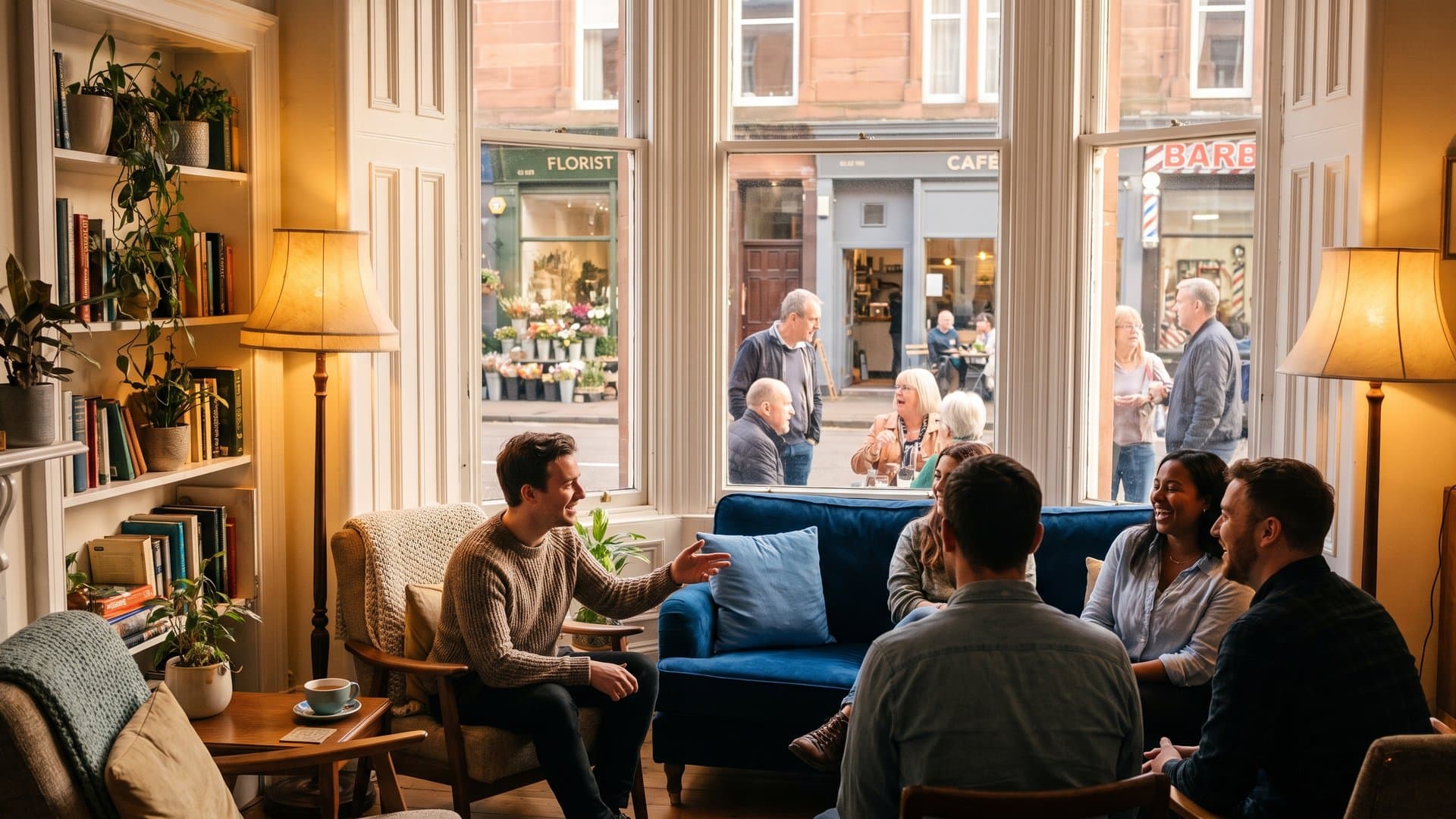 A lively British high street of independent shops at golden hour