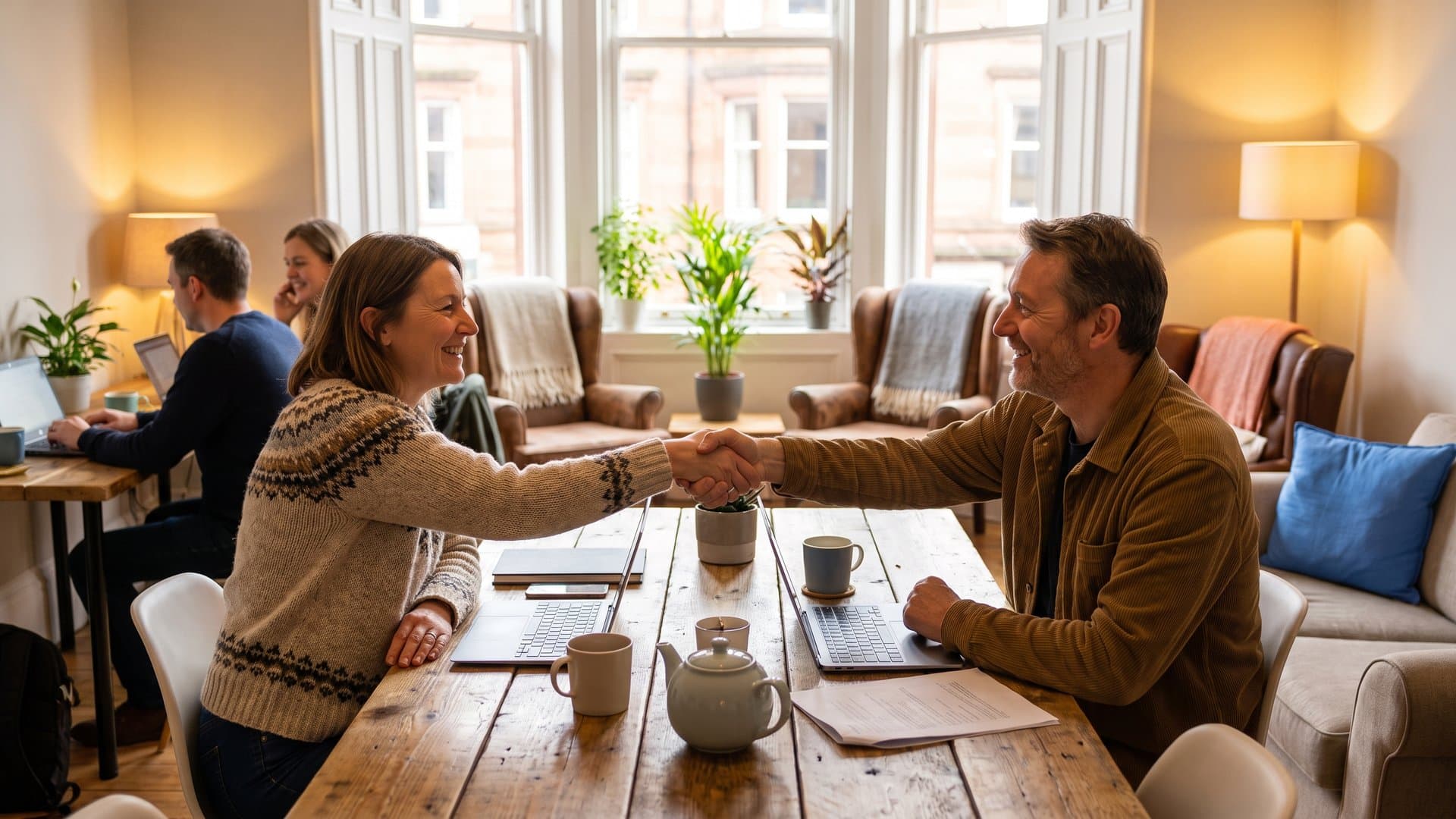 Two small business owners shaking hands in a co-working space