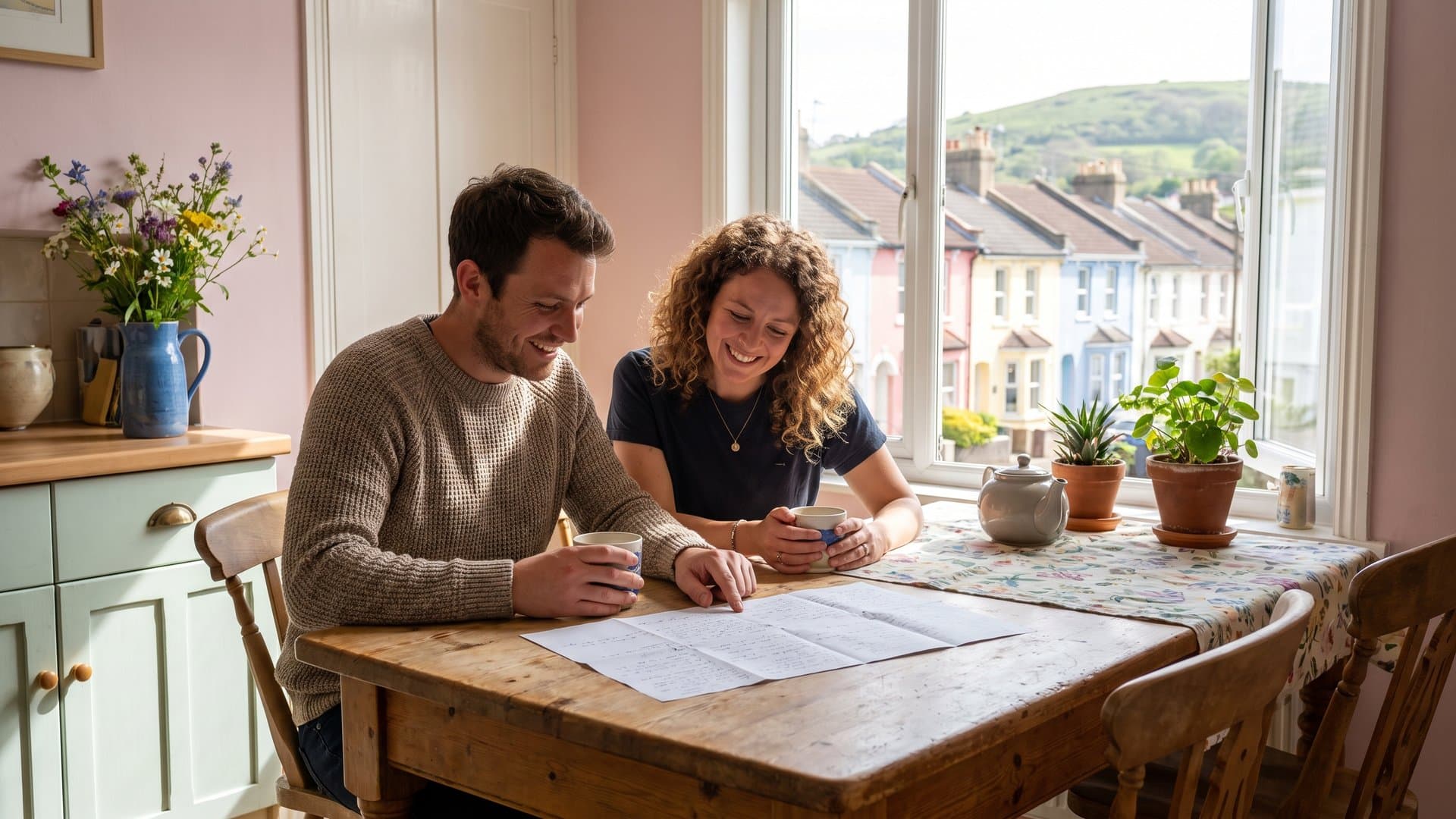 A couple who run a small bakery reviewing a simple plan over tea