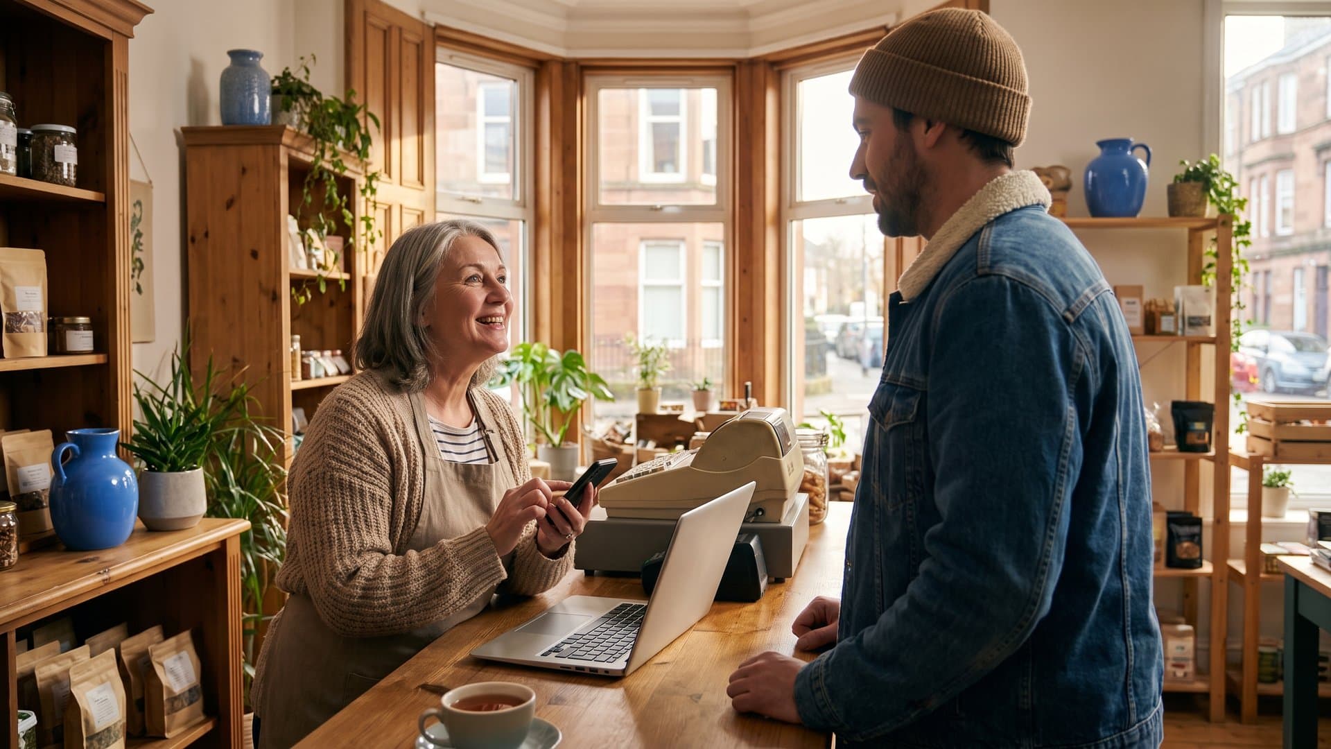 A shop owner using a smartphone while chatting with a customer