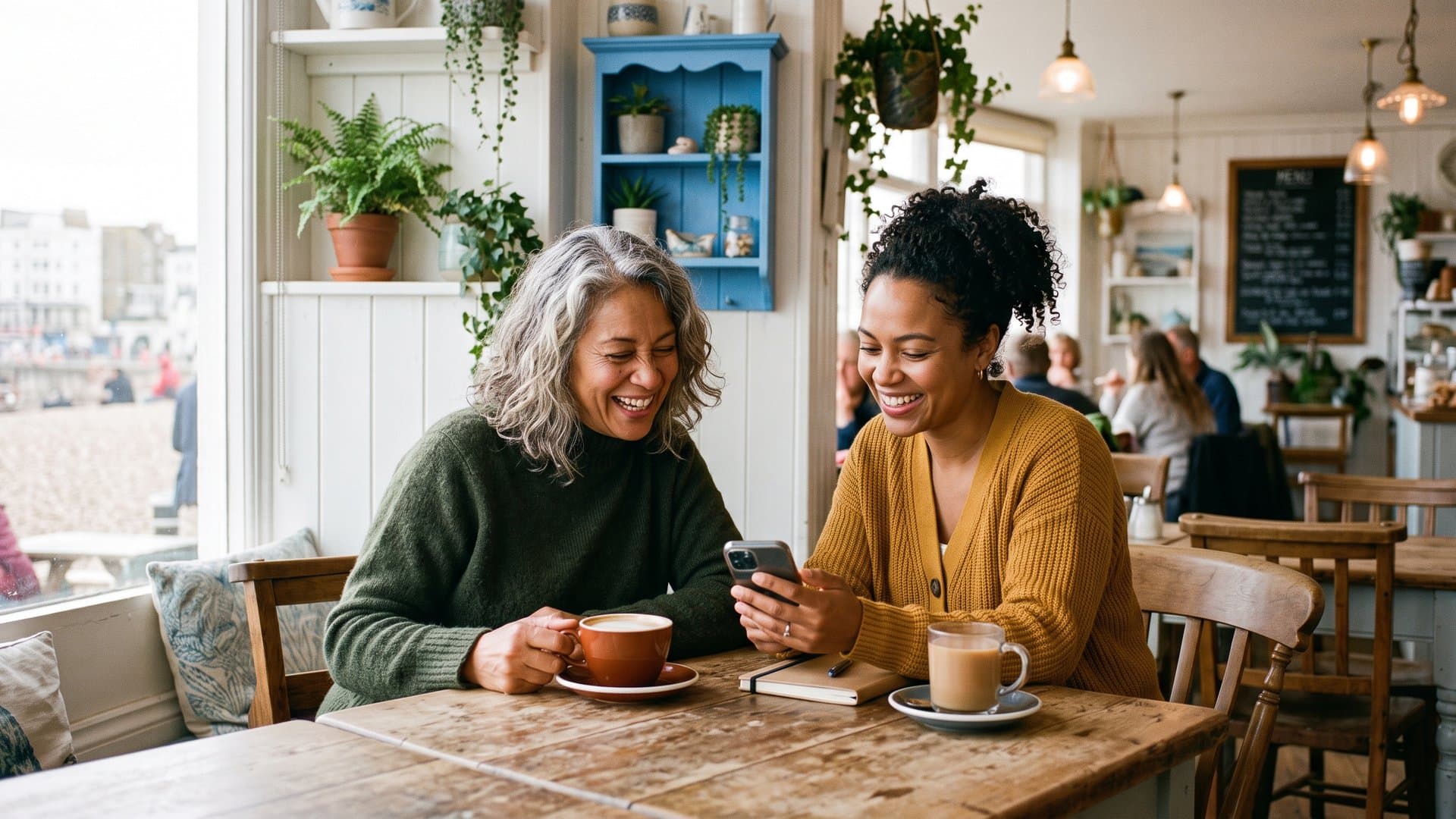 Two local business owners chatting over coffee