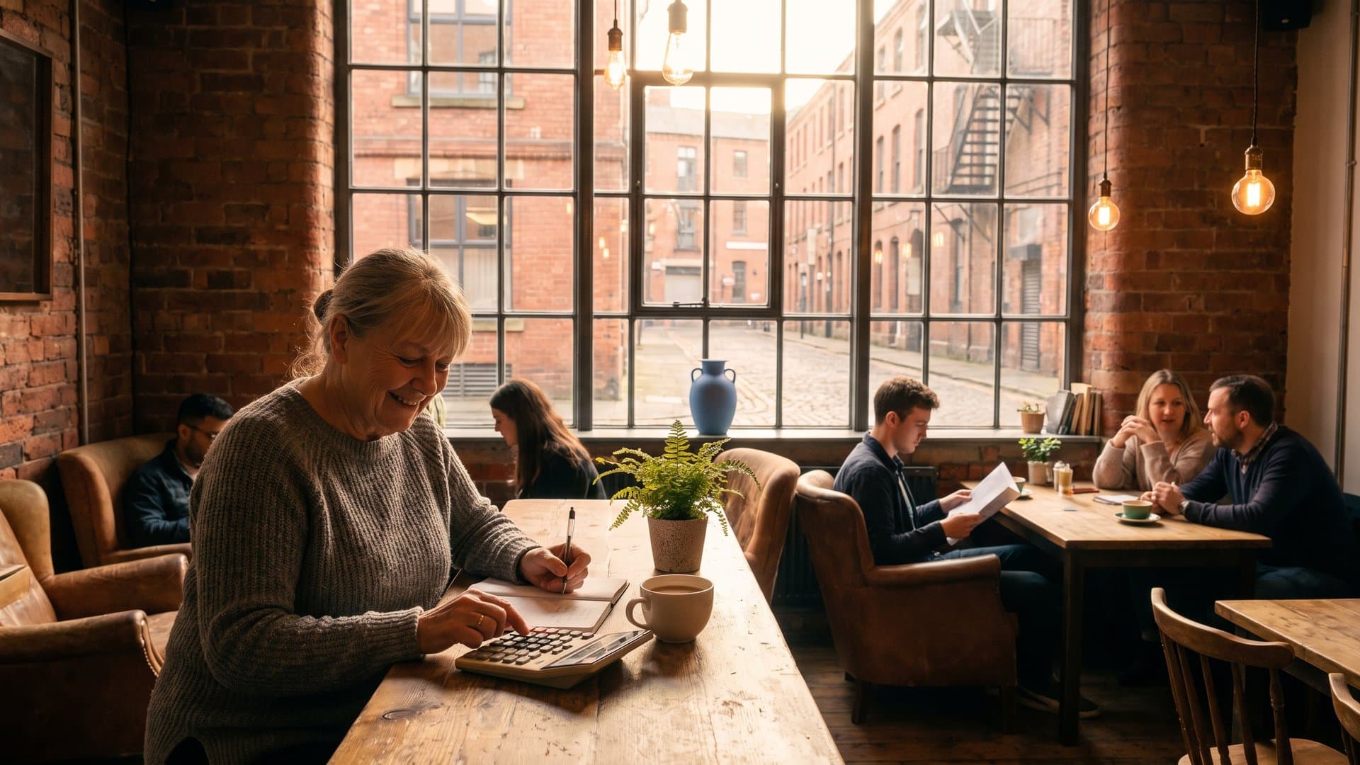 A restaurant owner doing quick sums at the bar counter
