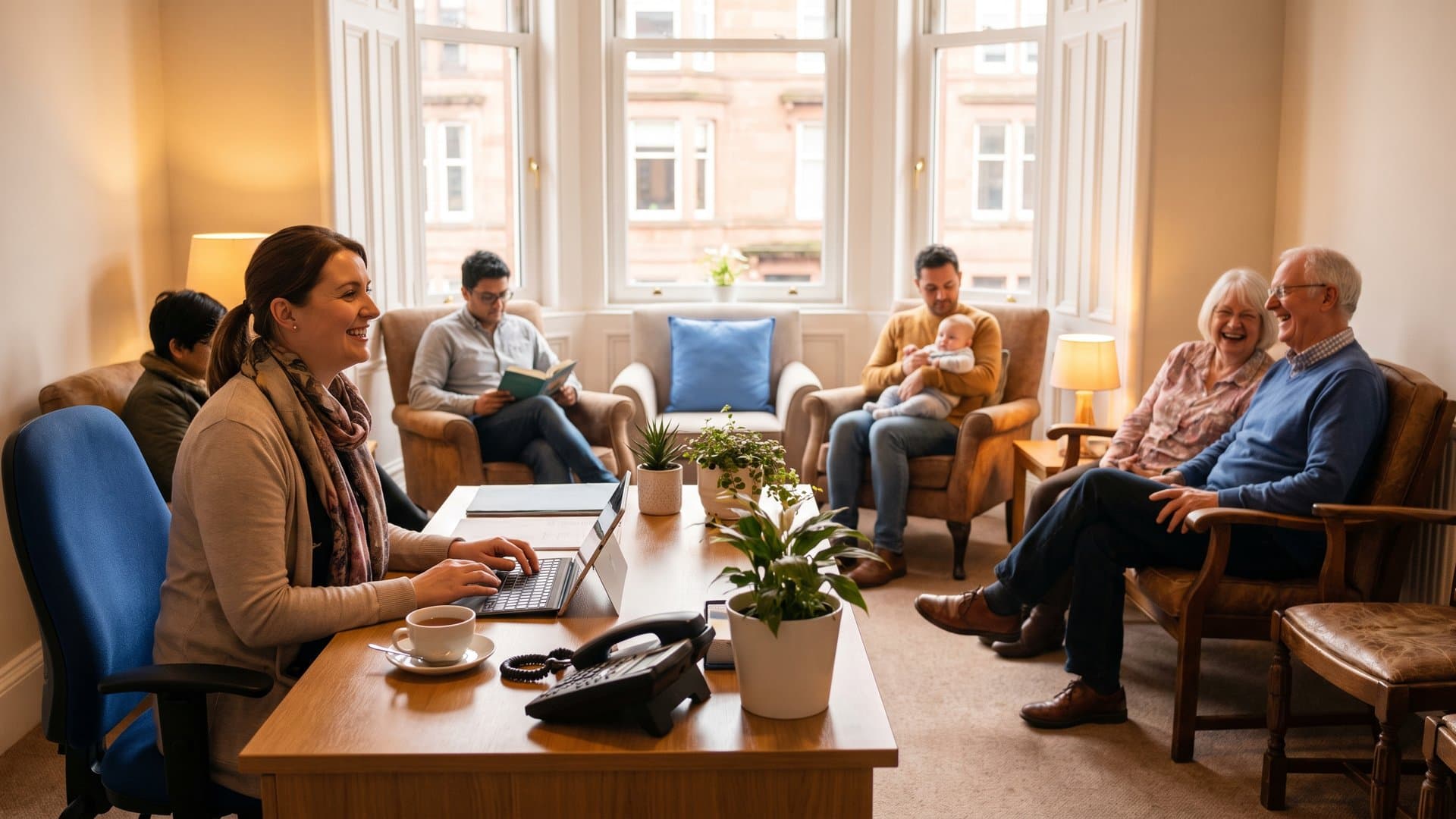 A warm GP surgery reception with a friendly receptionist