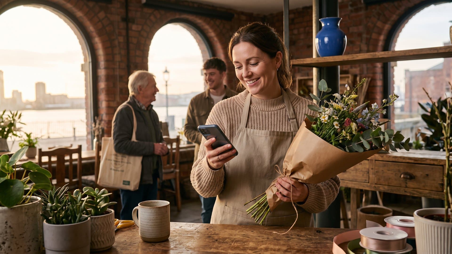 A florist replying to a customer message while wrapping a bouquet