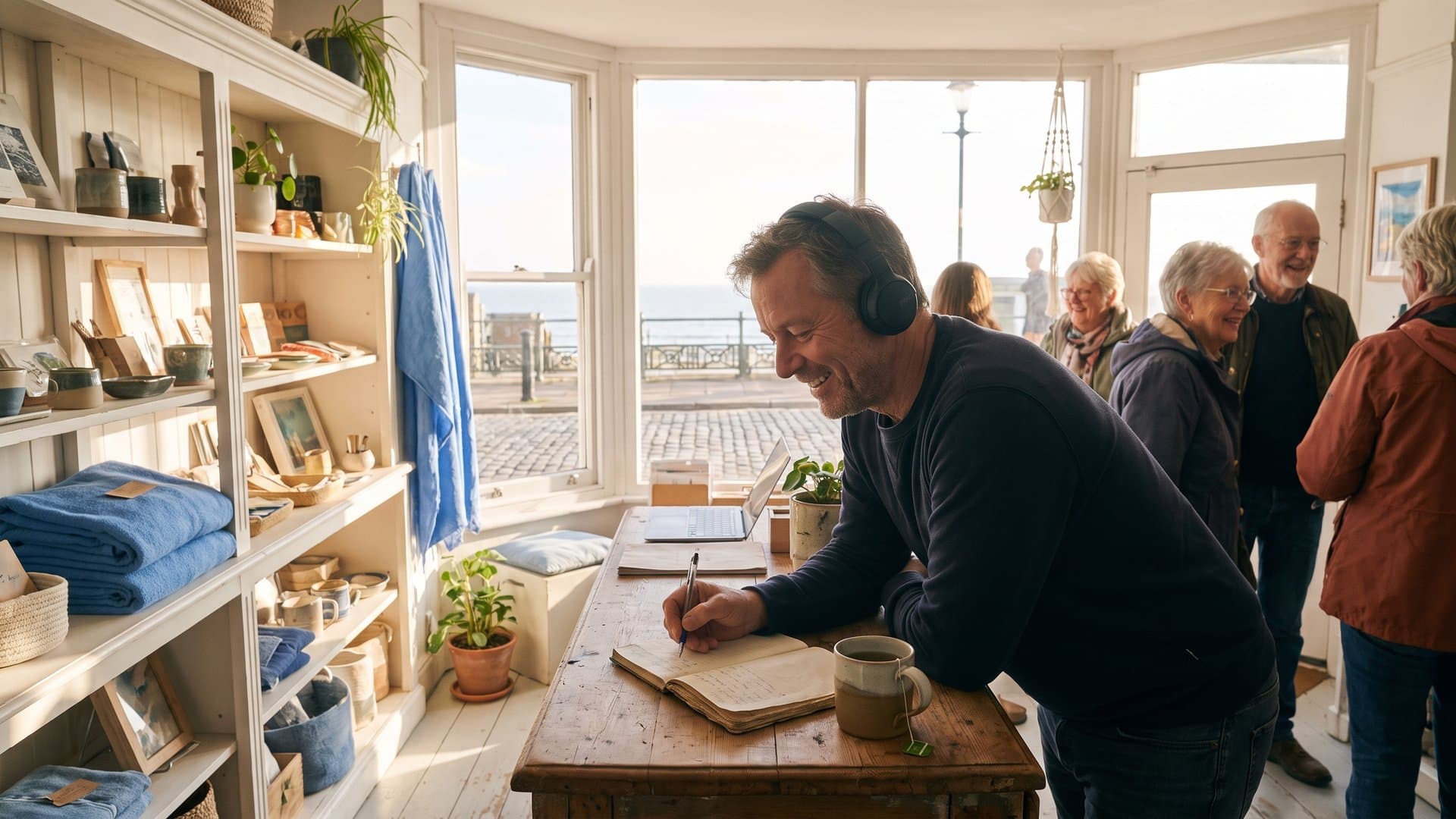 A shop owner listening to a call with headphones and taking notes