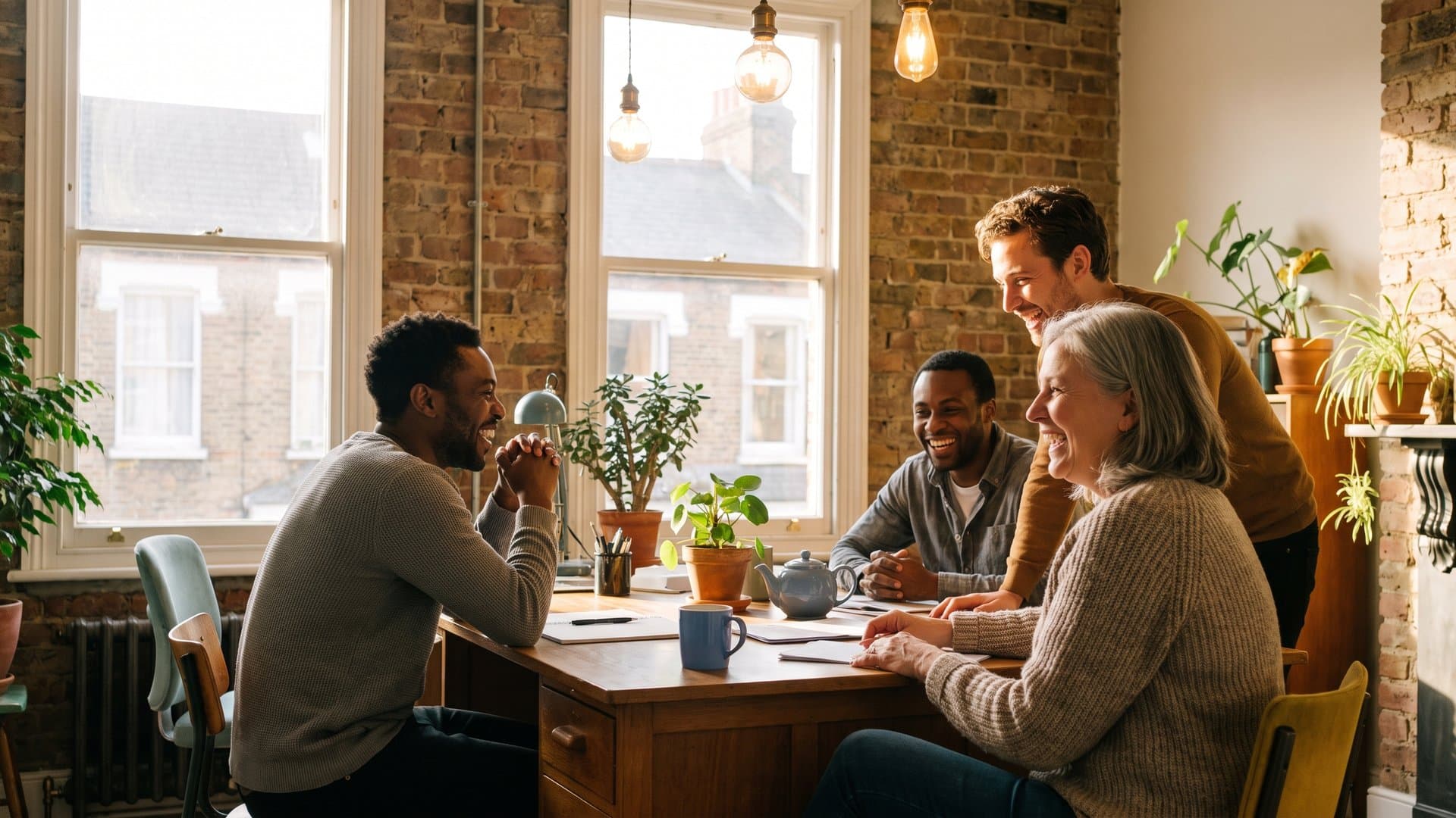 A friendly team laughing together in a bright office