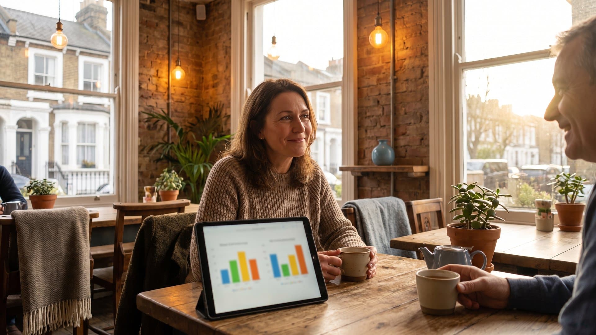 A business owner comparing options on a tablet in a café