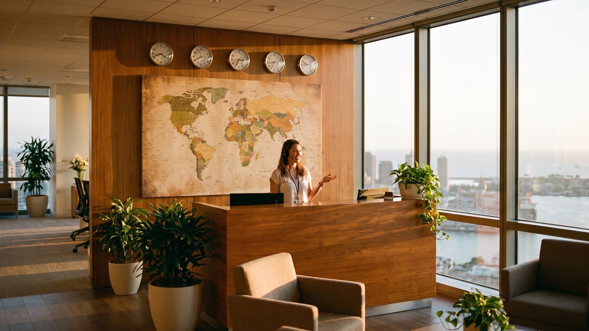 A receptionist in front of a world map and clocks showing different time zones