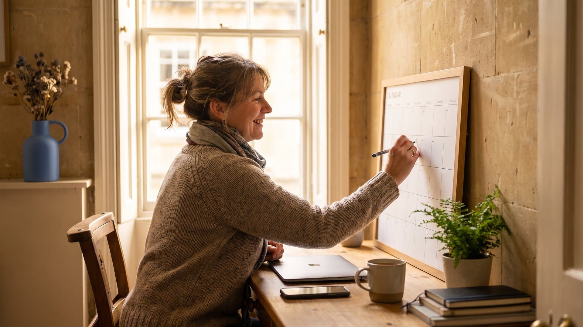 A tidy small office with a laptop, a wall calendar and a phone